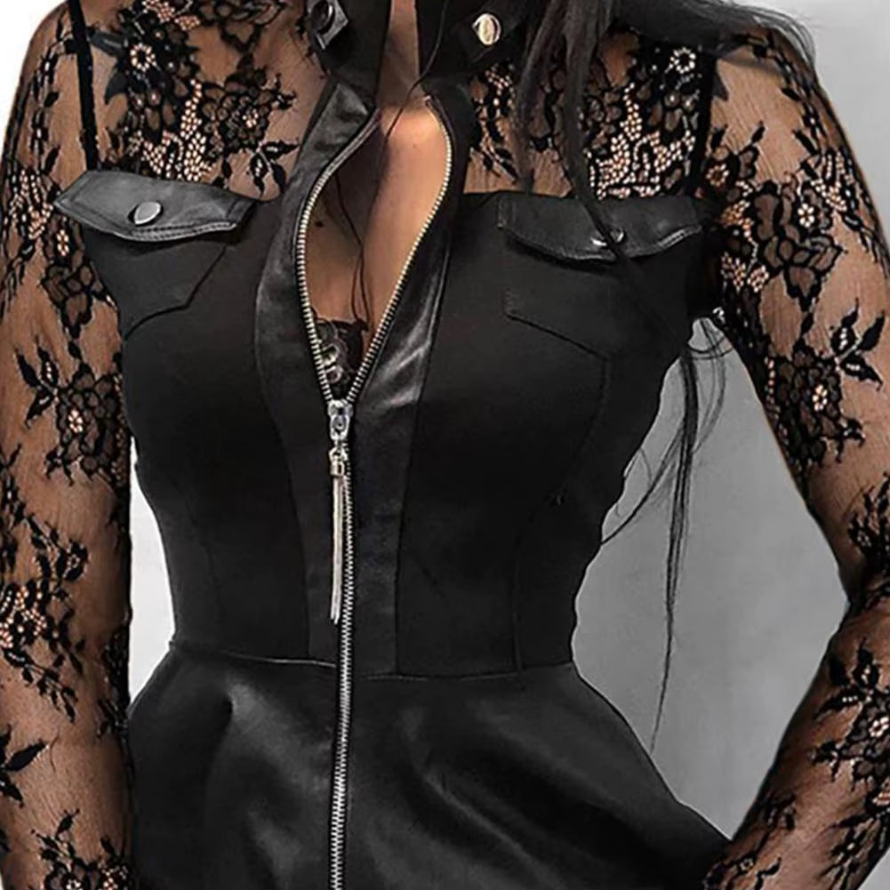 Women Long Sleeve Zipper Pocket Large Hem Faux Leather Lace Mini Dress Women'S Clothing Elegant Fashion Party Dress Vestidos 5XL